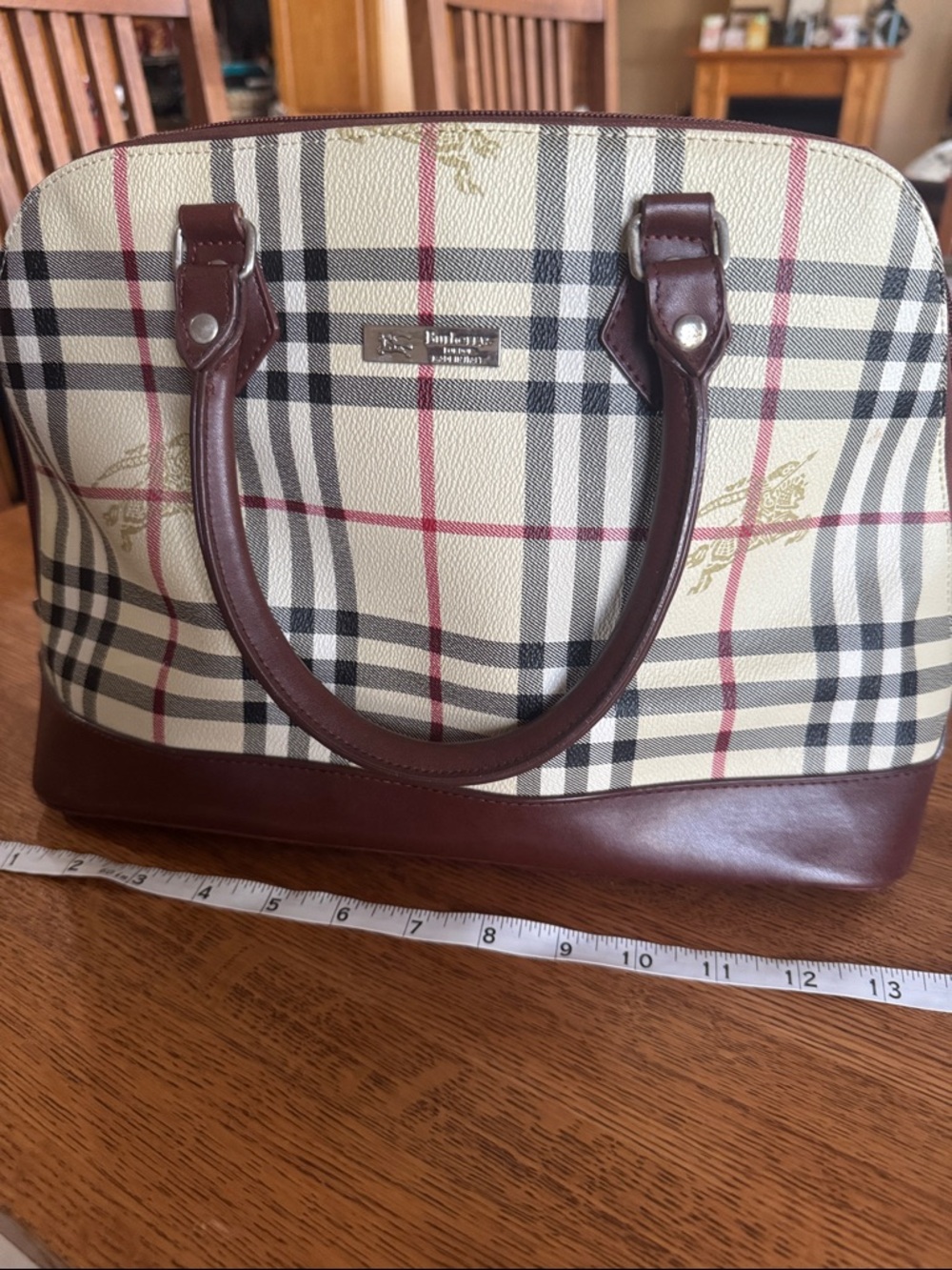 Vintage Burberry Beige Check Canvas Bag with Brown Leather Trim